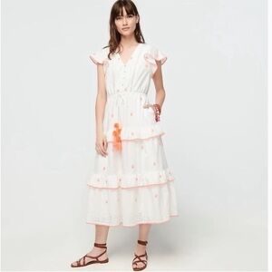 White Tiered Midi Dress with Pink Embroidery